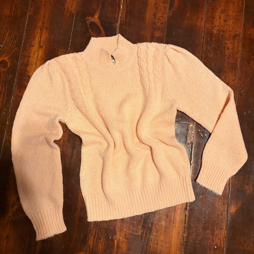 1980’s Gerald Warks Peach Knit Mock Neck ruffle shoulder Sweater